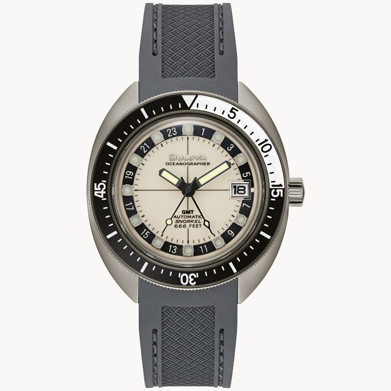 RELOJ BULOVA OCEANOGRAFO GMT, AUTOMATICO, ESFERA BEIGE, CORREA DE CAUCHO GRIS, FECHA, 41 MM