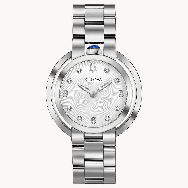 RELOJ BULOVA RUBAIYAT, CUARZO, ESFERA PLATEADA, BRAZALETE DE ACERO, DIAMANTES, 35 MM