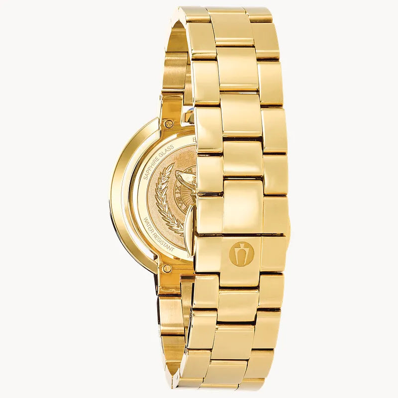 RELOJ BULOVA RUBAIYAT, CUARZO, ESFERA BLANCA, BRAZALETE DE ACERO PVD ORO AMARILLO, DIAMANTES, 35 MM