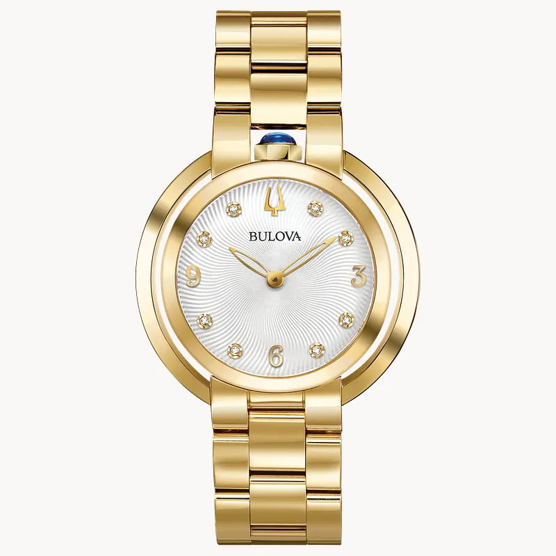 RELOJ BULOVA RUBAIYAT, CUARZO, ESFERA BLANCA, BRAZALETE DE ACERO PVD ORO AMARILLO, DIAMANTES, 35 MM