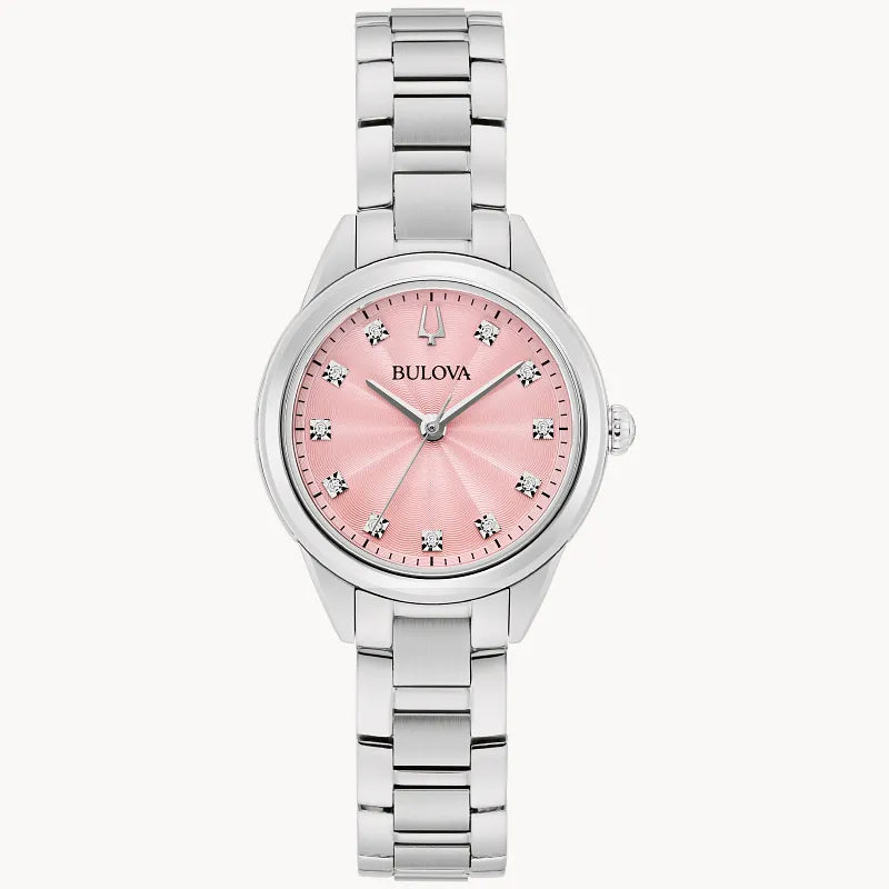RELOJ BULOVA SUTTON, CUARZO, ESFERA ROSADA, BRAZALETE DE ACERO, DIAMANTES, 28 MM