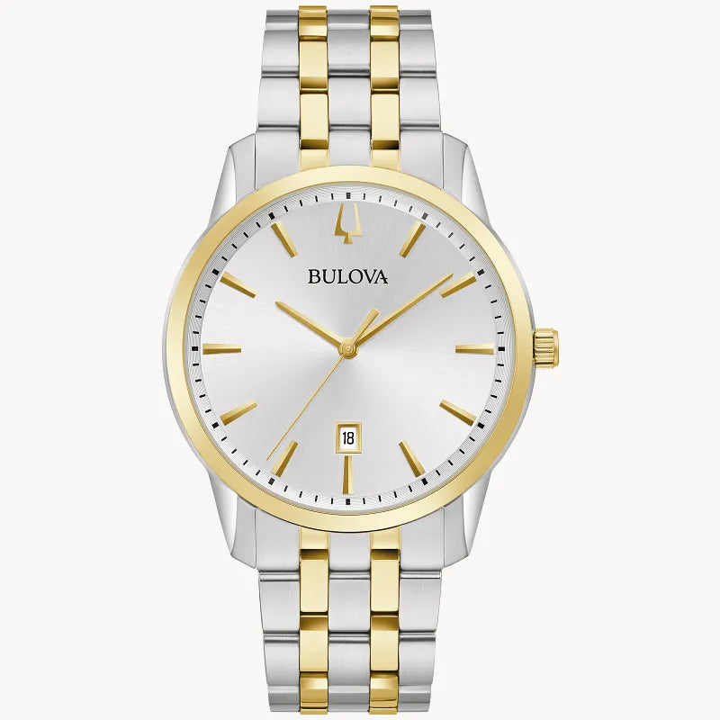 RELOJ BULOVA SUTTON, CUARZO, ESFERA PLATEADA, BRAZALETE DE ACERO BICOLOR, FECHA, 40 MM