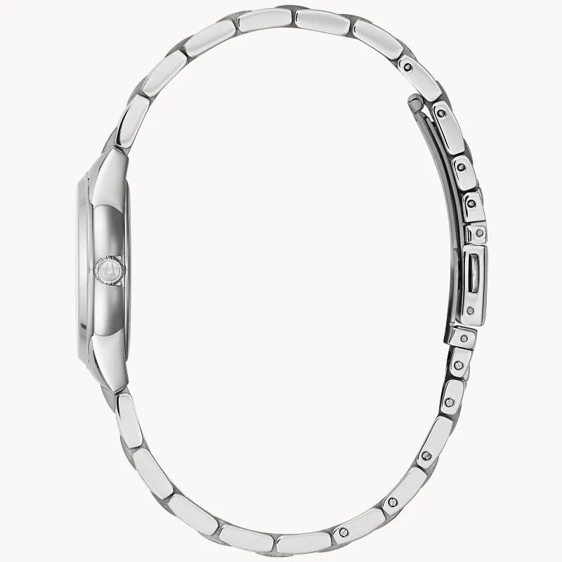 RELOJ BULOVA SUTTON, CUARZO, ESFERA CELESTE, BRAZALETE DE ACERO, DIAMANTES, 28 MM