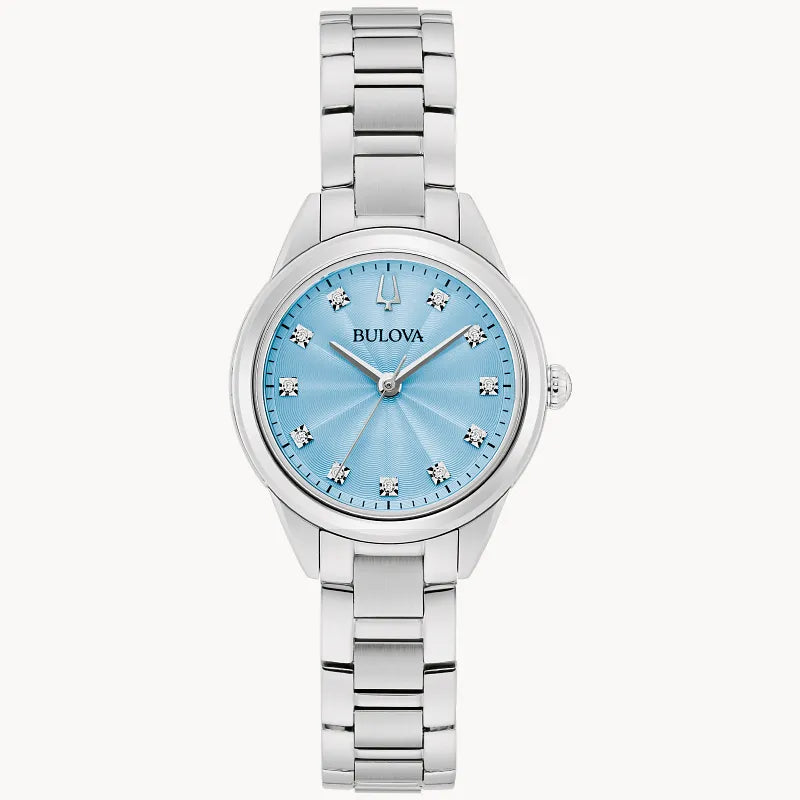 RELOJ BULOVA SUTTON, CUARZO, ESFERA CELESTE, BRAZALETE DE ACERO, DIAMANTES, 28 MM