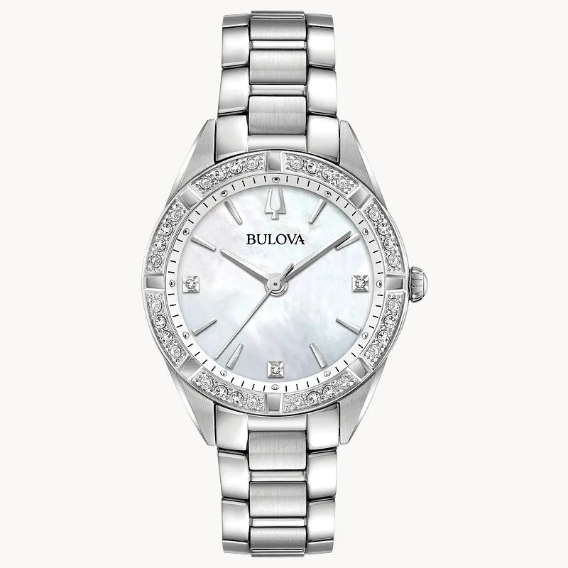 RELOJ BULOVA SUTTON, CUARZO, ESFERA MADRE PERLA, BRAZALETE DE ACERO, DIAMANTES, 32.5 MM