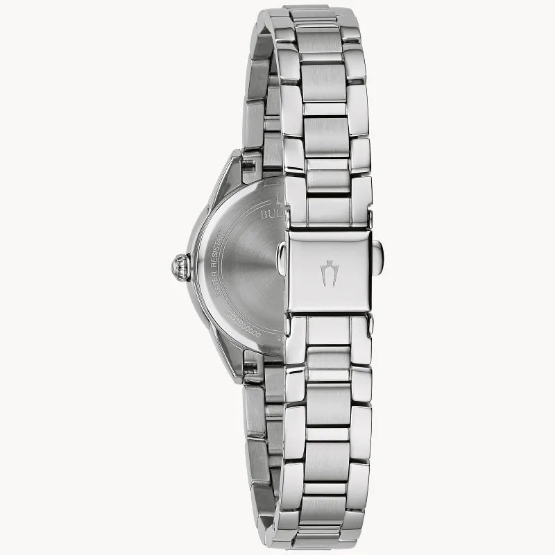 RELOJ BULOVA SUTTON, CUARZO, ESFERA CELESTE, BRAZALETE DE ACERO, DIAMANTES, 28 MM