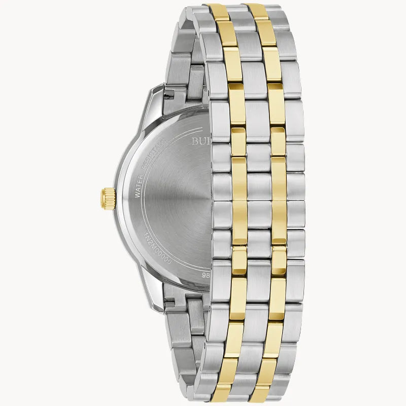RELOJ BULOVA SUTTON, CUARZO, ESFERA PLATEADA, BRAZALETE DE ACERO BICOLOR, FECHA, 40 MM