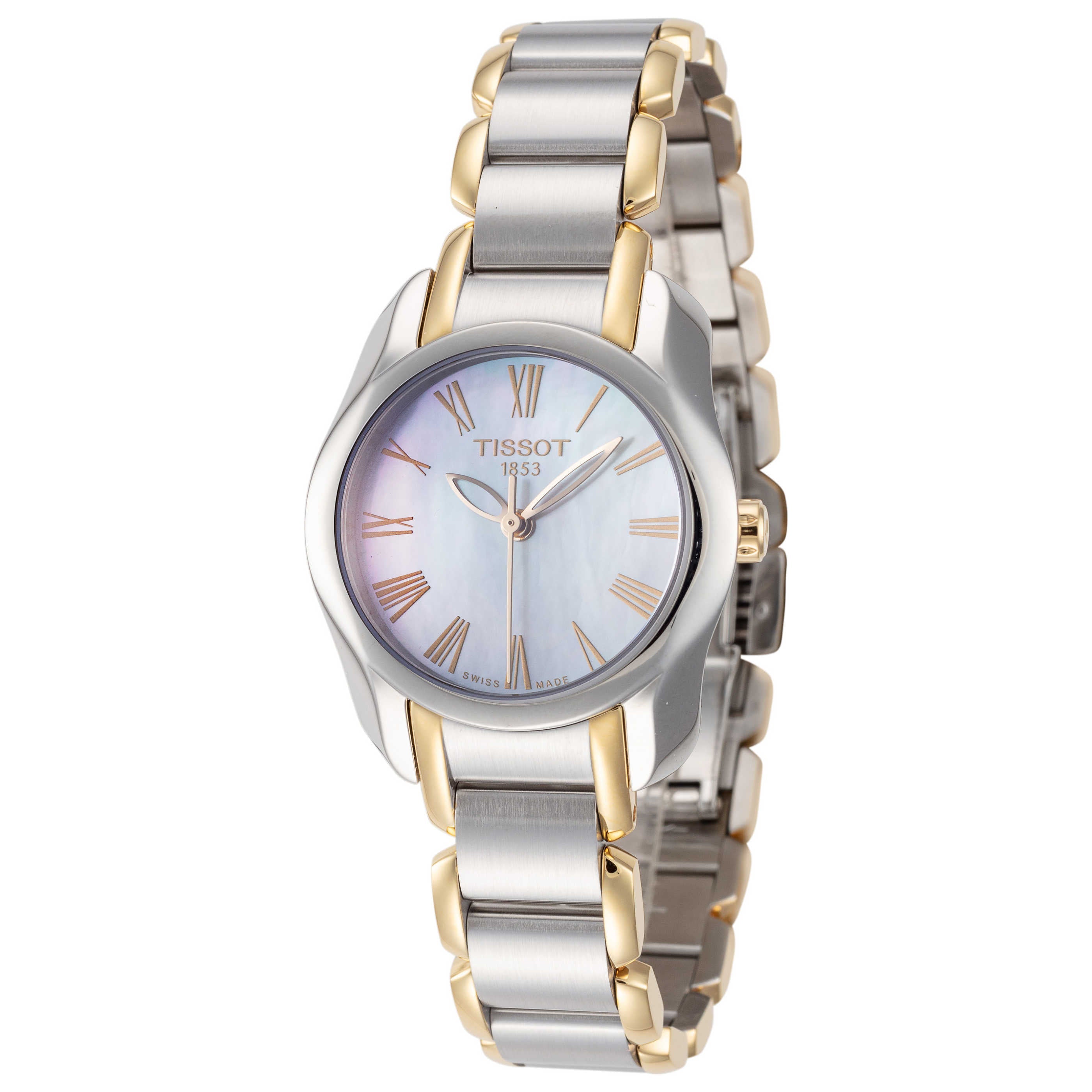 RELOJ TISSOT T-WAVE, CUARZO, ESFERA DE MADRE PERLA BLANCA, BRAZALETE DE ACERO PVD, 28 MM