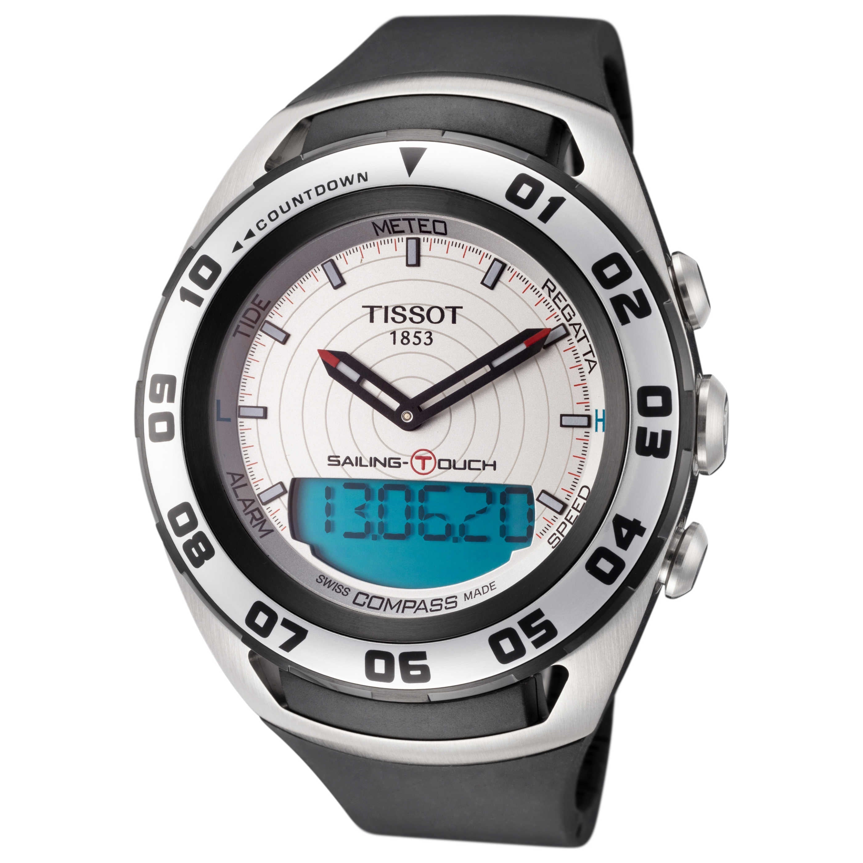 RELOJ TISSOT SAILING TOUCH, CUARZO, ESFERA BLANCA, FAJA DE CAUCHO NEGRA, MULTI FUNCICÓN, 45 MM