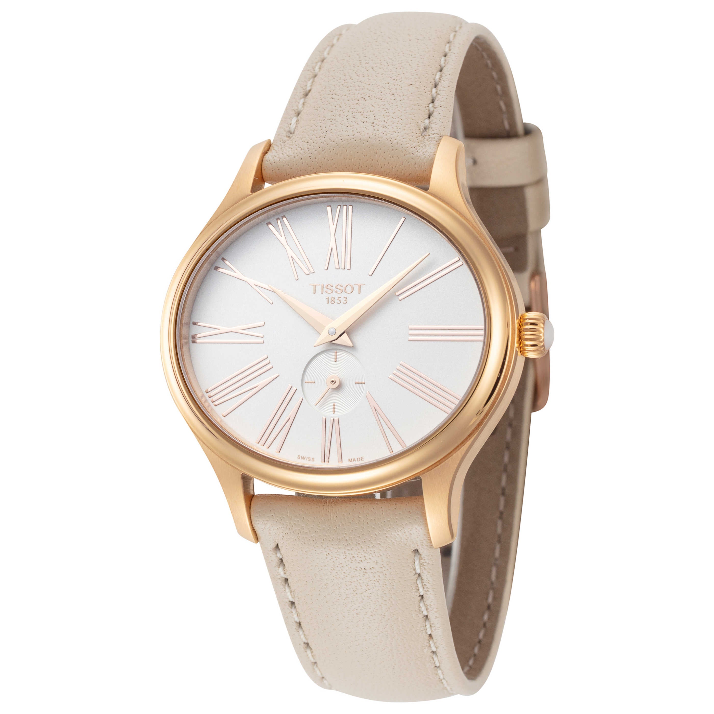 RELOJ TISSOT BELLA ORA, CUARZO, ESFERA BLANCA, FAJA DE CUERO BLANCO, 32 MM