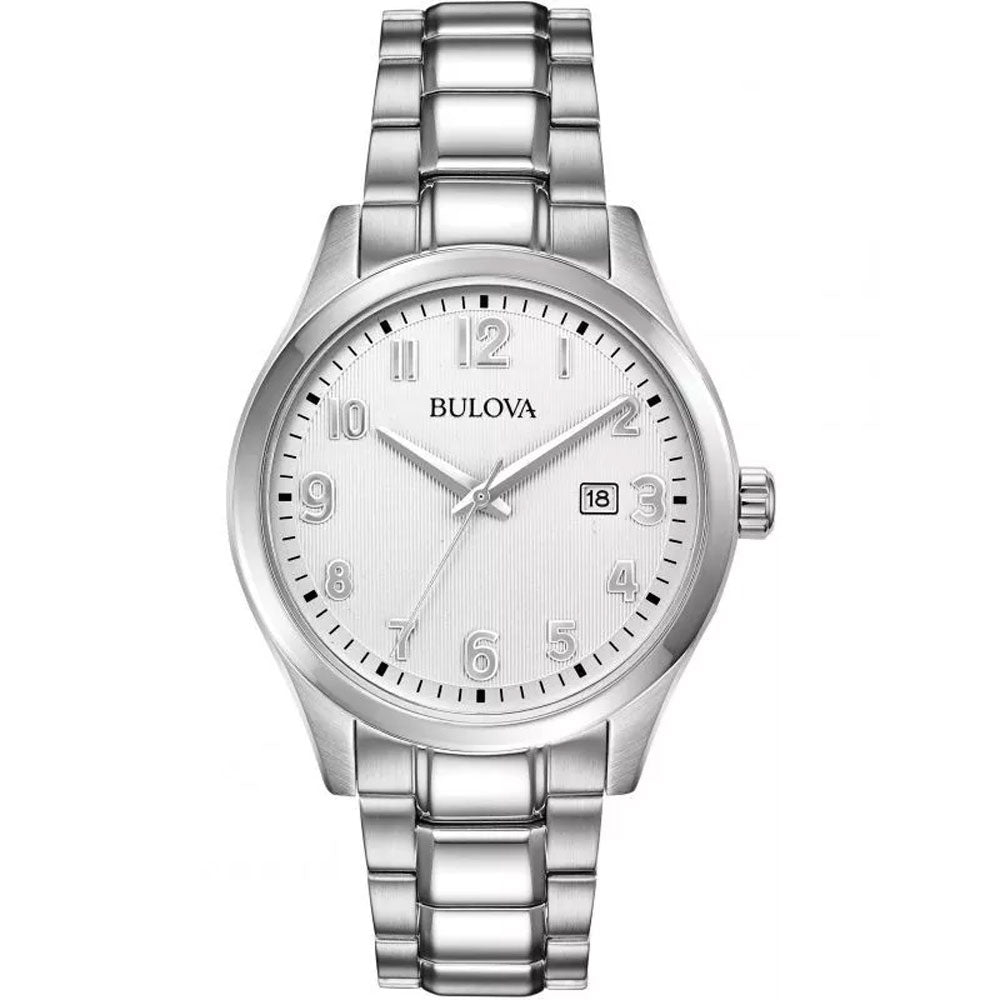 RELOJ BULOVA CLASSIC, CUARZO, ESFERA PLATEADA, BRAZALETE DE ACERO, FECHA, 45 MM