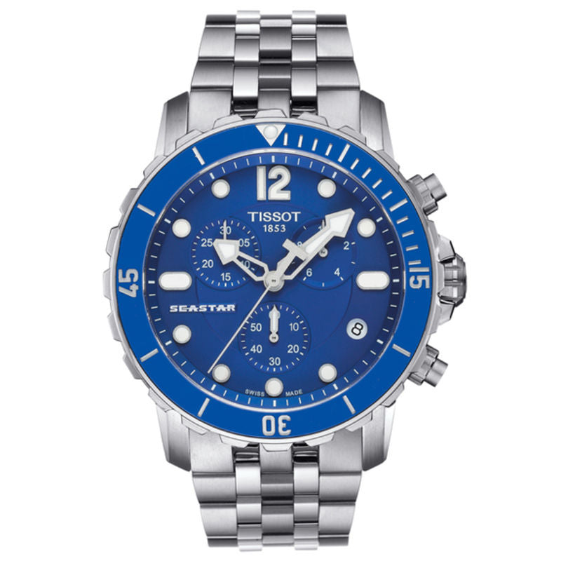 RELOJ TISSOT SEASTAR, CUARZO, ESFERA AZUL, BRAZALETE DE ACERO, CRONCÓGRAFO, 45 MM