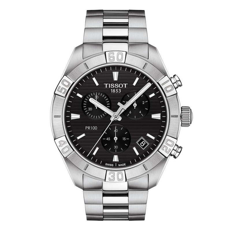 RELOJ TISSOT PR 100, CUARZO, ESFERA NEGRA, BRAZALETE DE ACERO, CRONCÓGRAFO, 44 MM