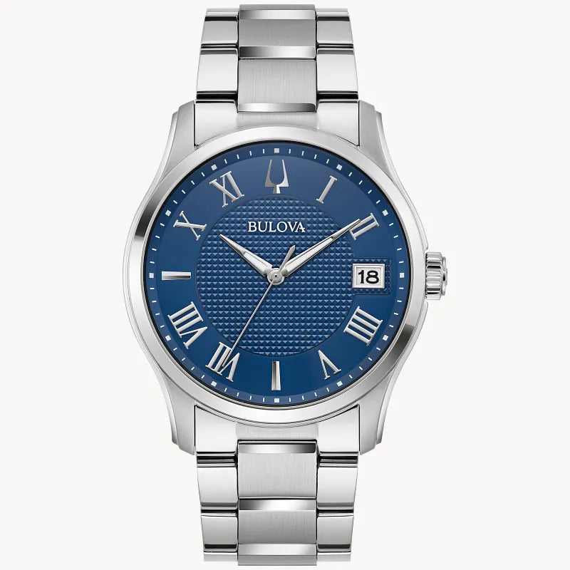 RELOJ BULOVA WILTON, CUARZO, ESFERA AZUL, BRAZALETE DE ACERO, FECHA, 41 MM