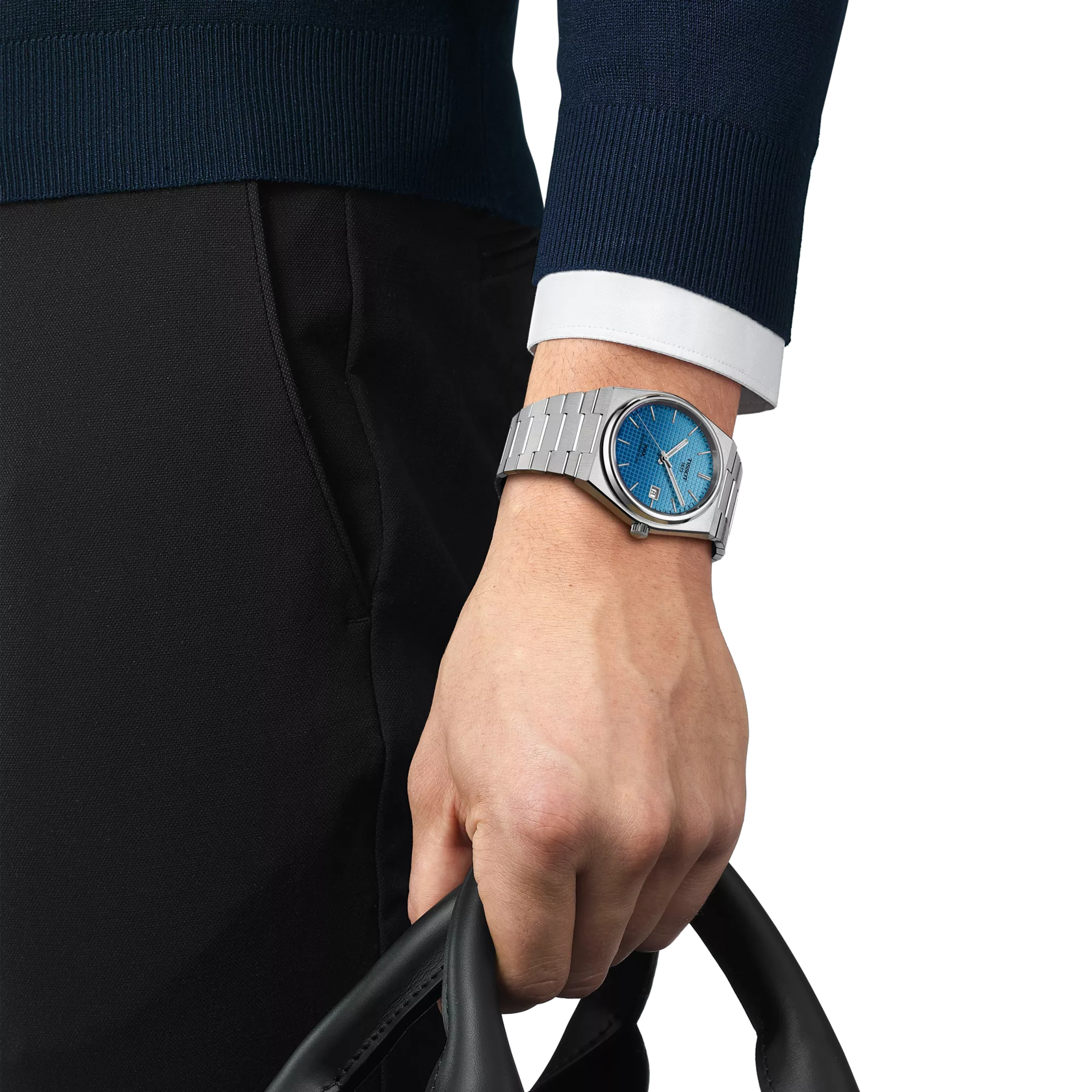 RELOJ TISSOT PRX, AUTOMCÁTICO, ESFERA AZUL CIELO CAMALECÓNICO, BRAZALETE DE ACERO, FECHA, 40 MM