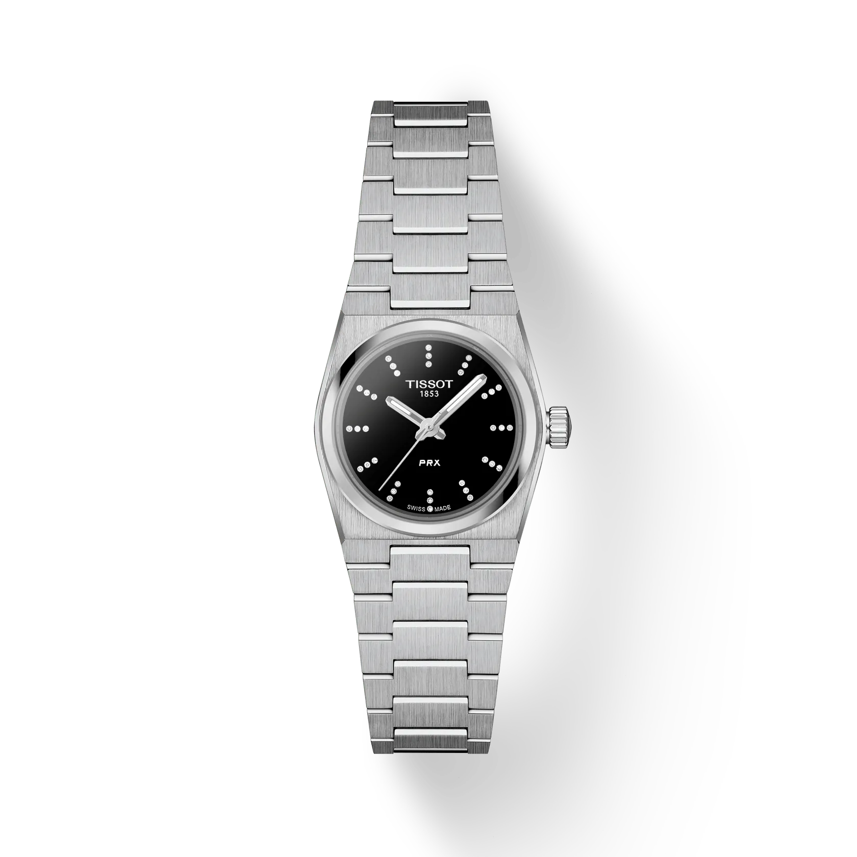 RELOJ TISSOT PRX, CUARZO, ESFERA NEGRA, BRAZALETE DE ACERO, 25 MM