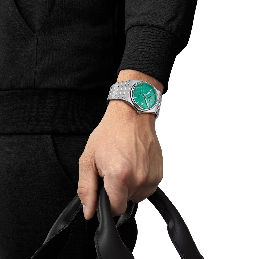 RELOJ TISSOT PRX, AUTOMCÁTICO, ESFERA TURQUESA, BRAZALETE DE ACERO, FECHA, 40 MM