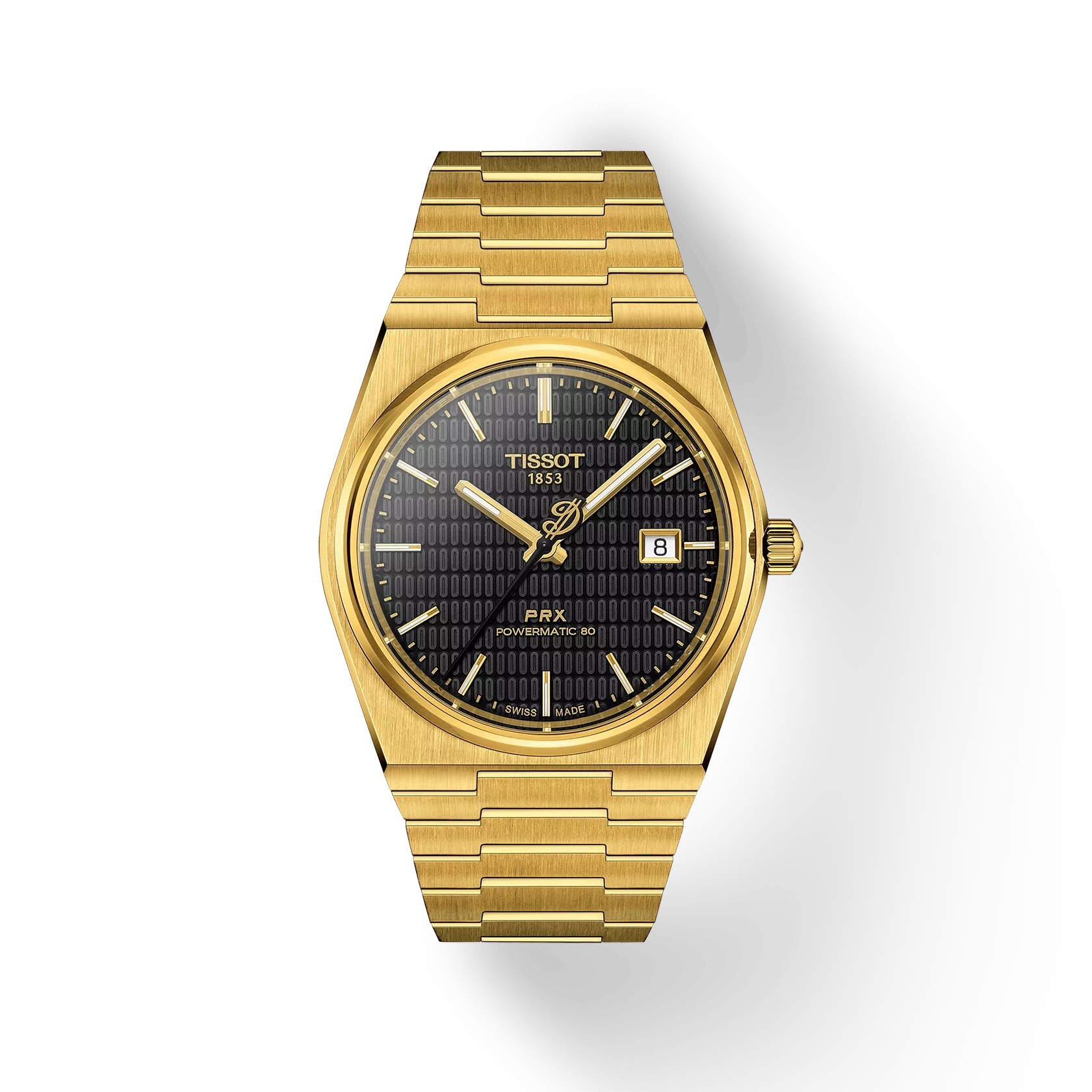 RELOJ TISSOT PRX, DAMIAN LILLARD, AUTOMCÁTICO, ESFERA NEGRA, BRAZALETE PRV TONO ORO, FECHA, 40 MM