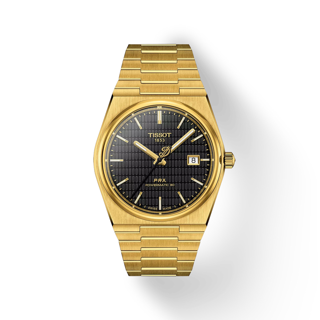 RELOJ TISSOT PRX, DAMIAN LILLARD, AUTOMCÁTICO, ESFERA NEGRA, BRAZALETE PRV TONO ORO, FECHA, 40 MM