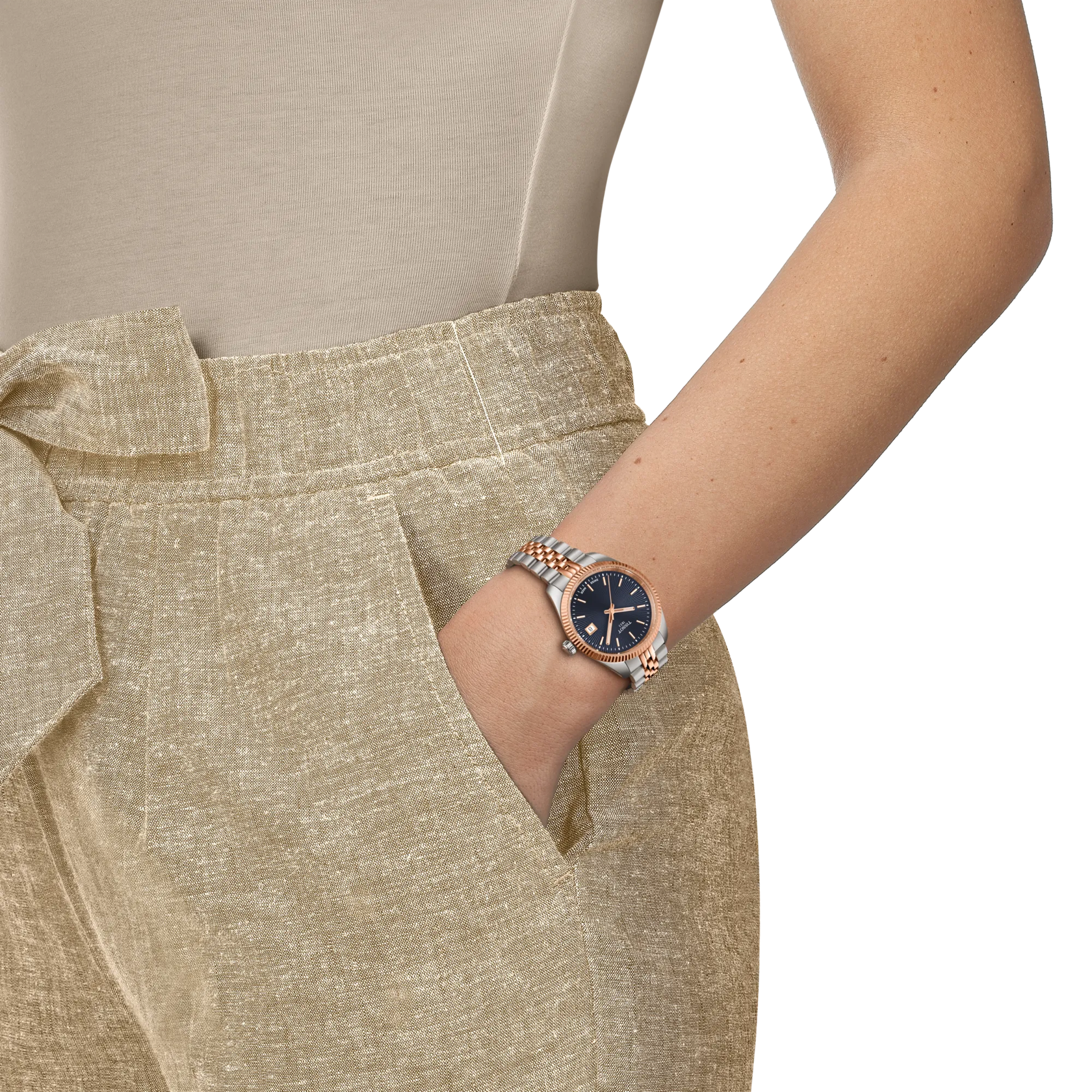 RELOJ TISSOT BALLADE, CUARZO, ESFERA AZUL, BRAZALETE DE ACERO BICOLOR TONO ROSA, FECHA, 34 MM