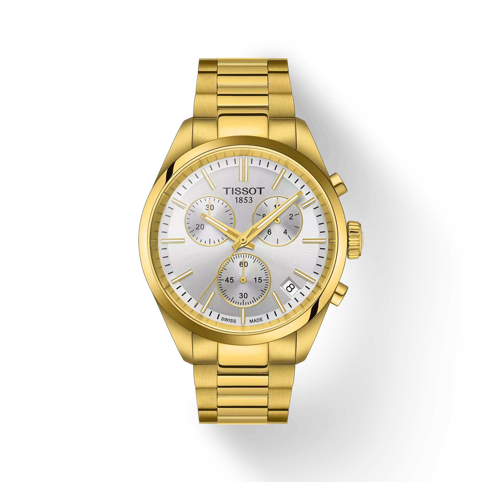 RELOJ TISSOT PR 100, CUARZO, ESFERA GRIS, BRAZALETE DE ACERO PVD, CRONCÓGRAFO, 40 MM