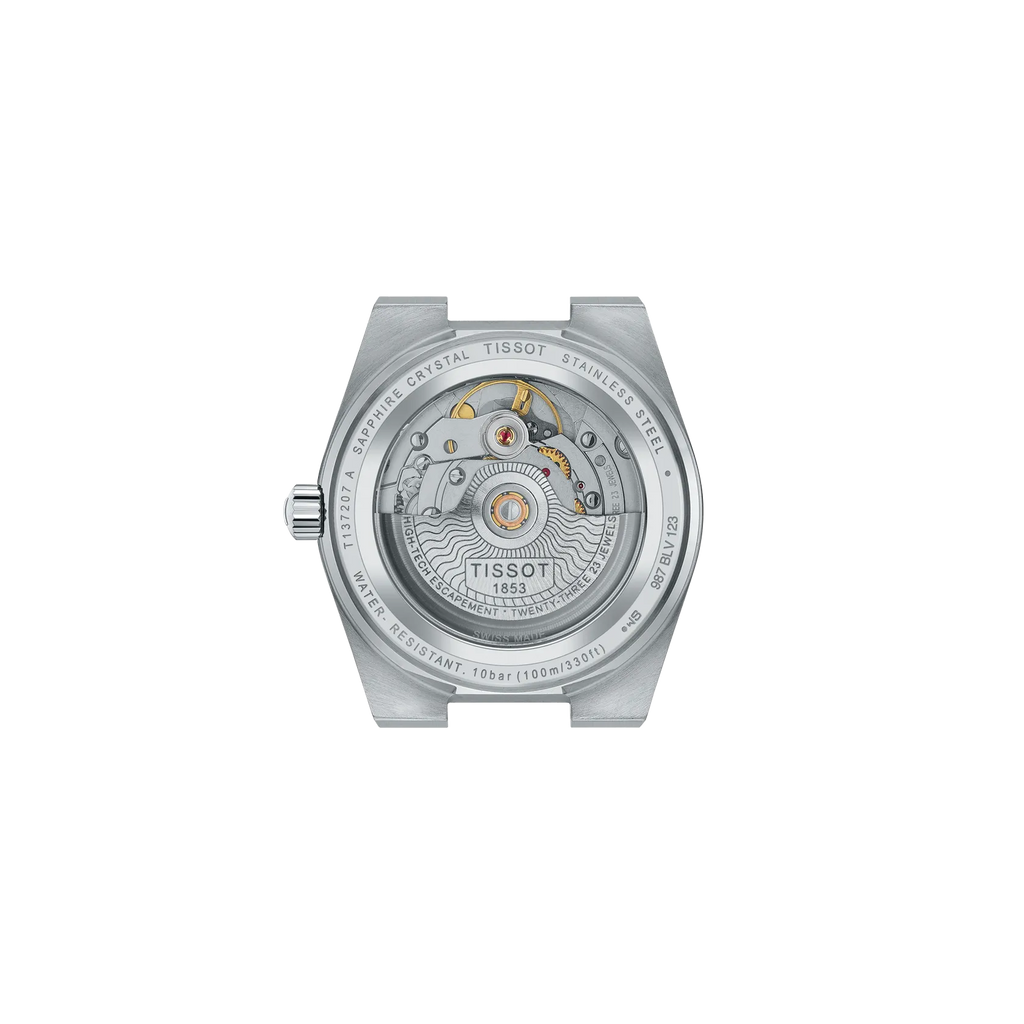 RELOJ TISSOT PRX, AUTOMCÁTICO, ESFERA NEGRA, BRAZALETE DE ACERO, FECHA, 35 MM