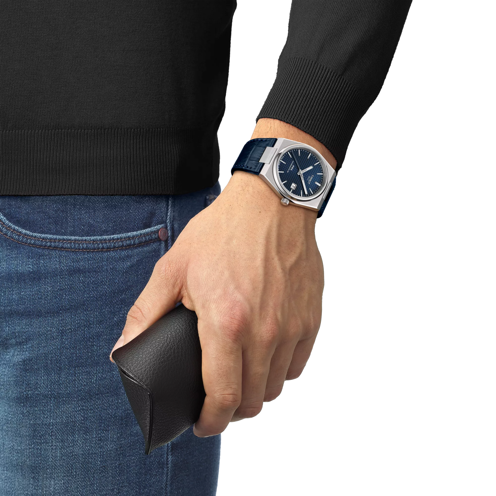 RELOJ TISSOT PRX, AUTOMCÁTICO, ESFERA AZUL, FAJA DE CUERO AZUL, FECHA, 40 MM