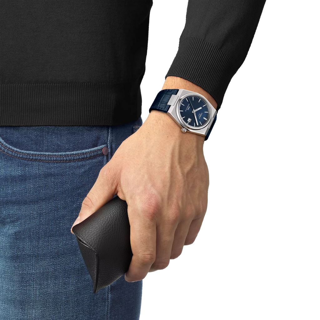 RELOJ TISSOT PRX, AUTOMCÁTICO, ESFERA AZUL, FAJA DE CUERO AZUL, FECHA, 40 MM