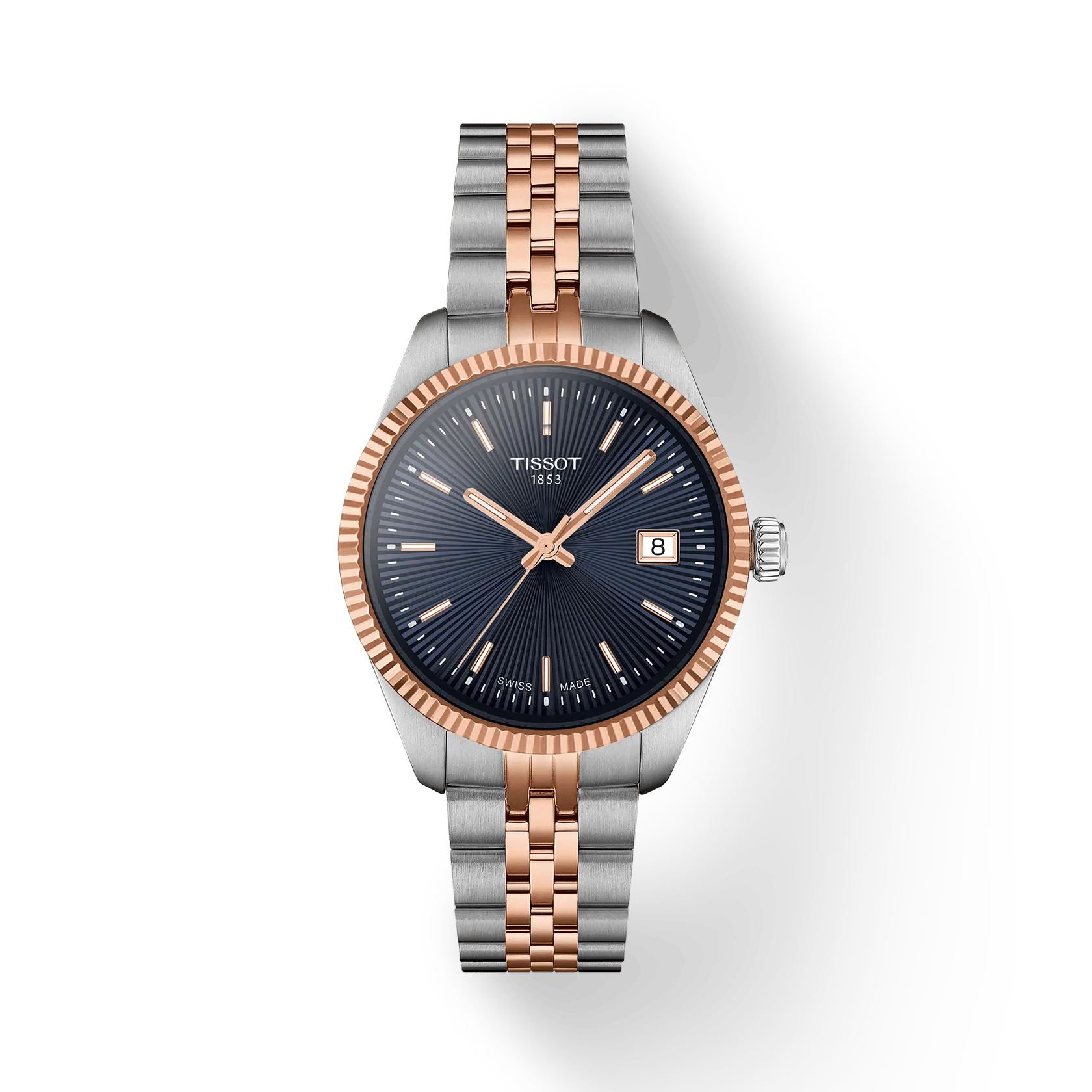 RELOJ TISSOT BALLADE, CUARZO, ESFERA AZUL, BRAZALETE DE ACERO BICOLOR TONO ROSA, FECHA, 34 MM