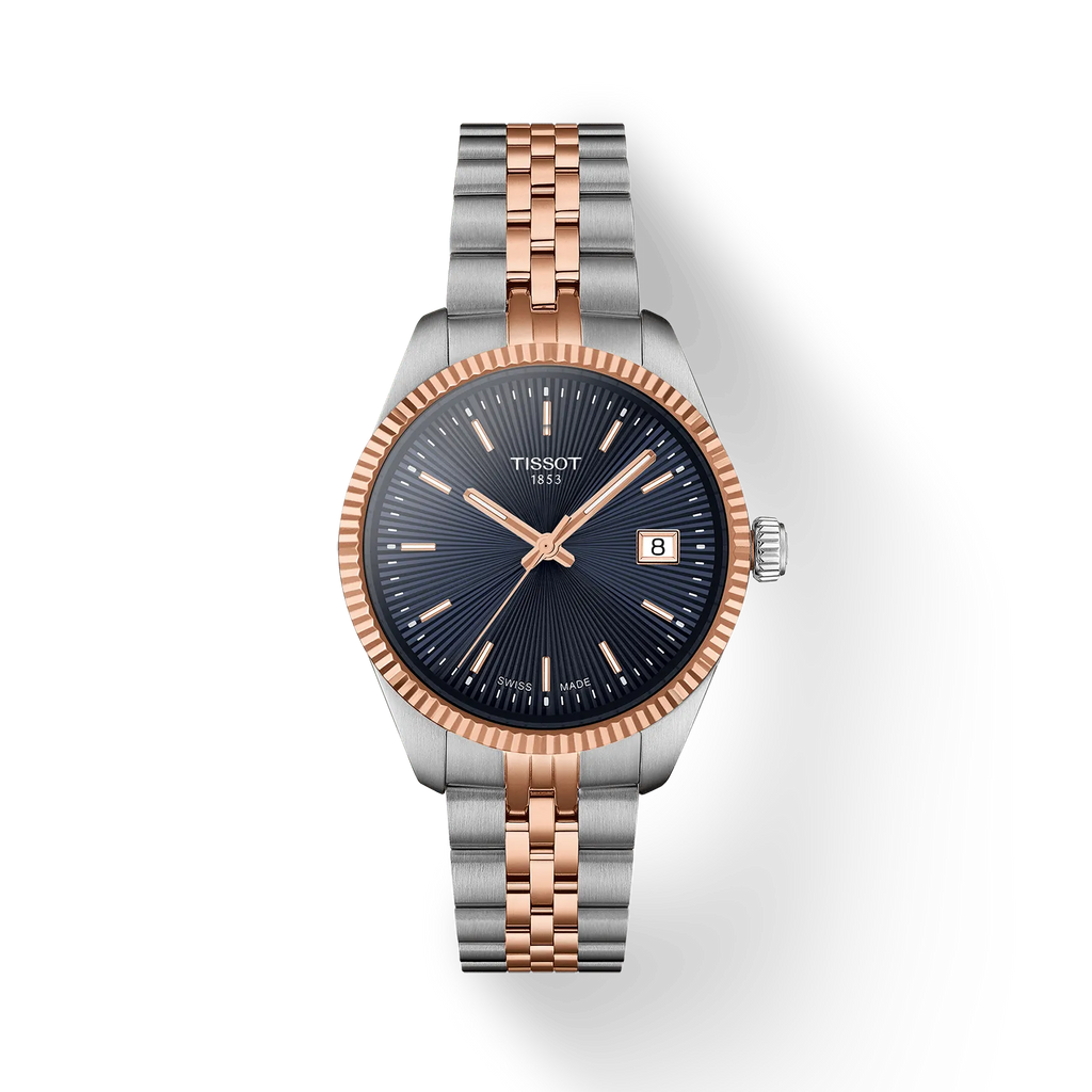 RELOJ TISSOT BALLADE, CUARZO, ESFERA AZUL, BRAZALETE DE ACERO BICOLOR TONO ROSA, FECHA, 34 MM
