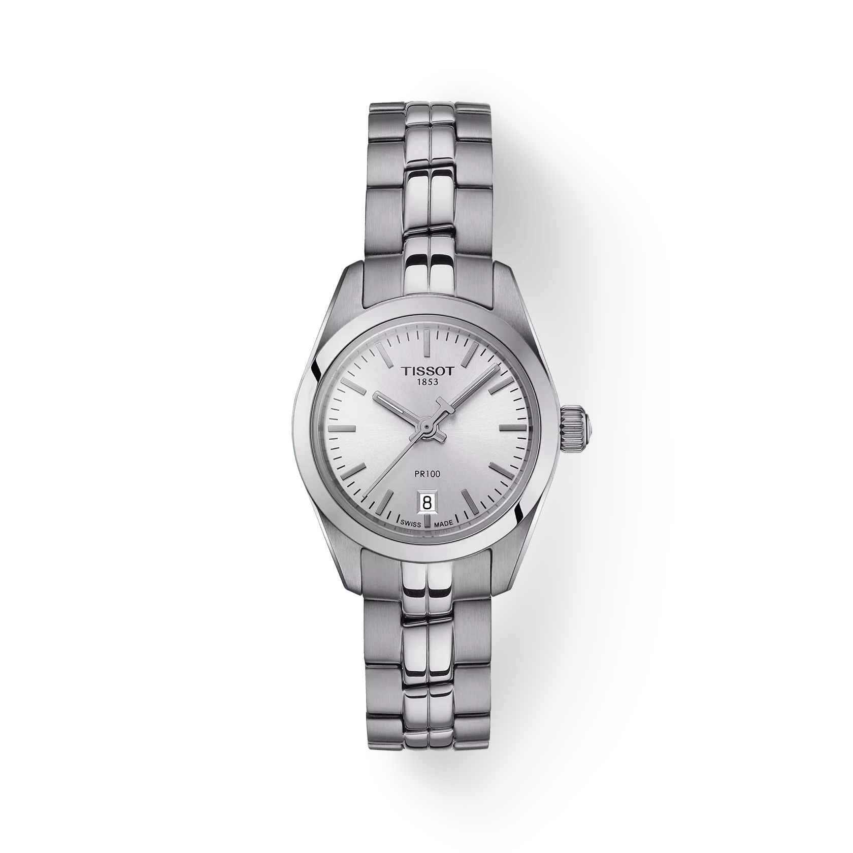 RELOJ TISSOT PR 100, CUARZO, ESFERA GRIS, BRAZALETE DE ACERO, FECHA, 25 MM