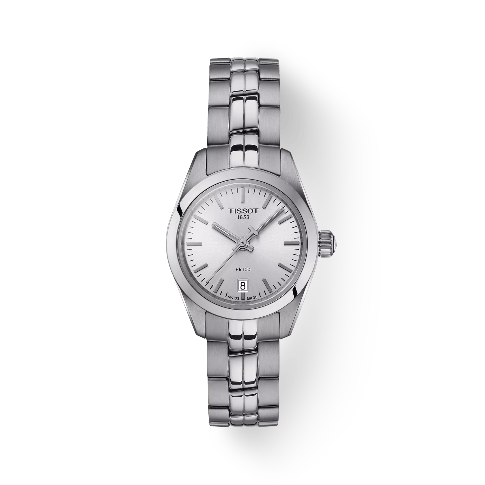 RELOJ TISSOT PR 100, CUARZO, ESFERA GRIS, BRAZALETE DE ACERO, FECHA