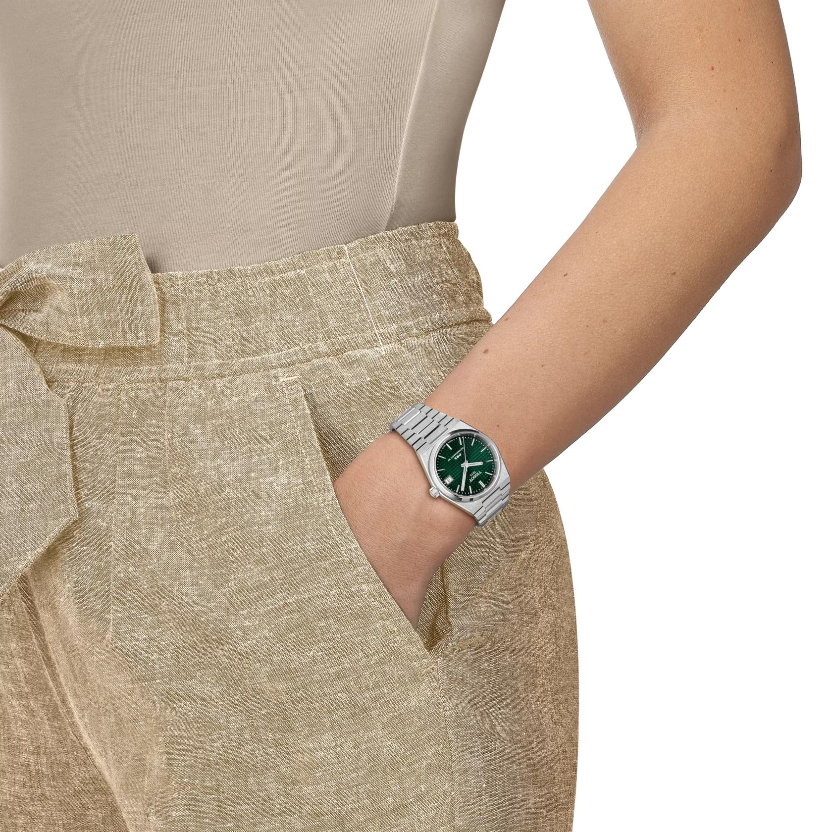 RELOJ TISSOT PRX, AUTOMCÁTICO, ESFERA VERDE, BRAZALETE DE ACERO, FECHA, 35 MM