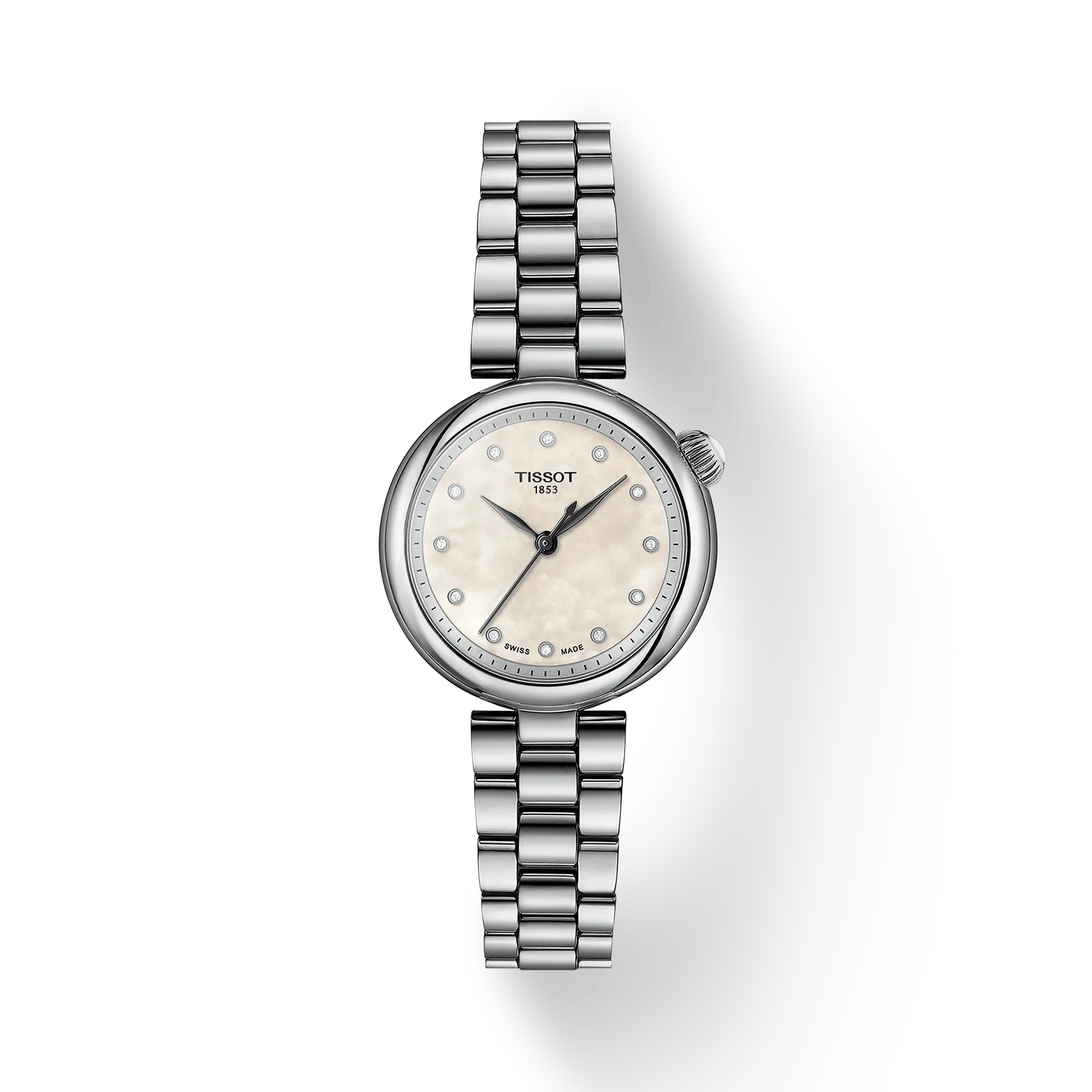 RELOJ TISSOT DESIR, CUARZO, ESFERA DE MADRE PERLA, BRAZALETE DE ACERO, DIAMANTES, 28 MM