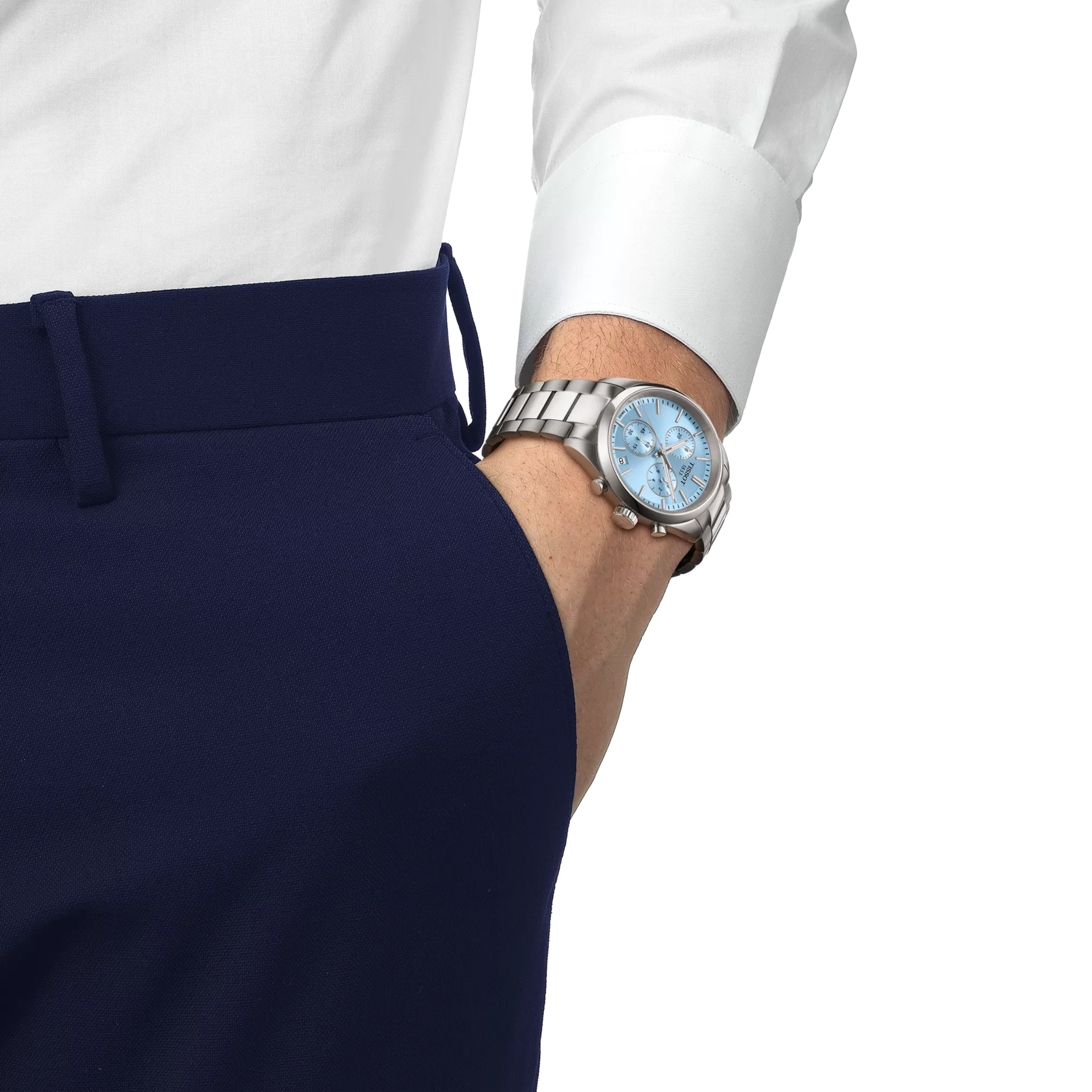 RELOJ TISSOT PR 100, CUARZO, ESFERA CELESTE, BRAZALETE DE ACERO, CRONCÓGRAFO, 40 MM