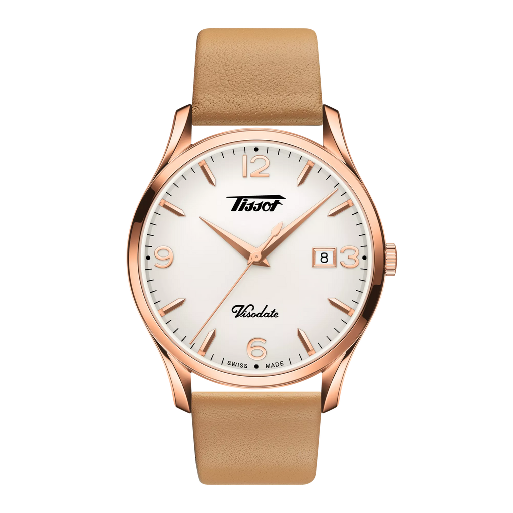 RELOJ TISSOT HERITAGE VISODATE, CUARZO, ESFERA NEGRA, FAJA DE CUERO MARRCÓN, FECHA, 40 MM