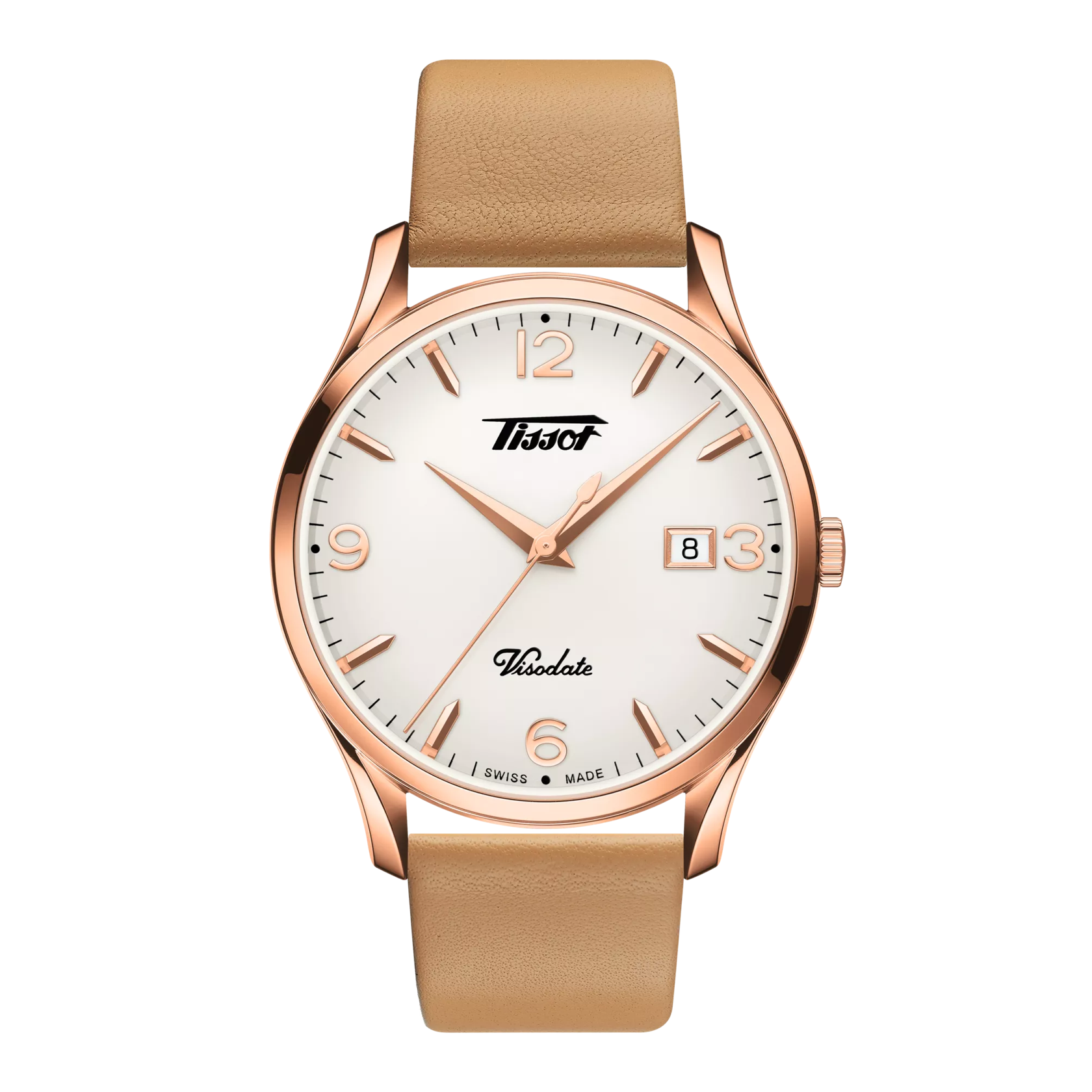 RELOJ TISSOT HERITAGE VISODATE, CUARZO, ESFERA NEGRA, FAJA DE CUERO MARRCÓN, FECHA, 40 MM