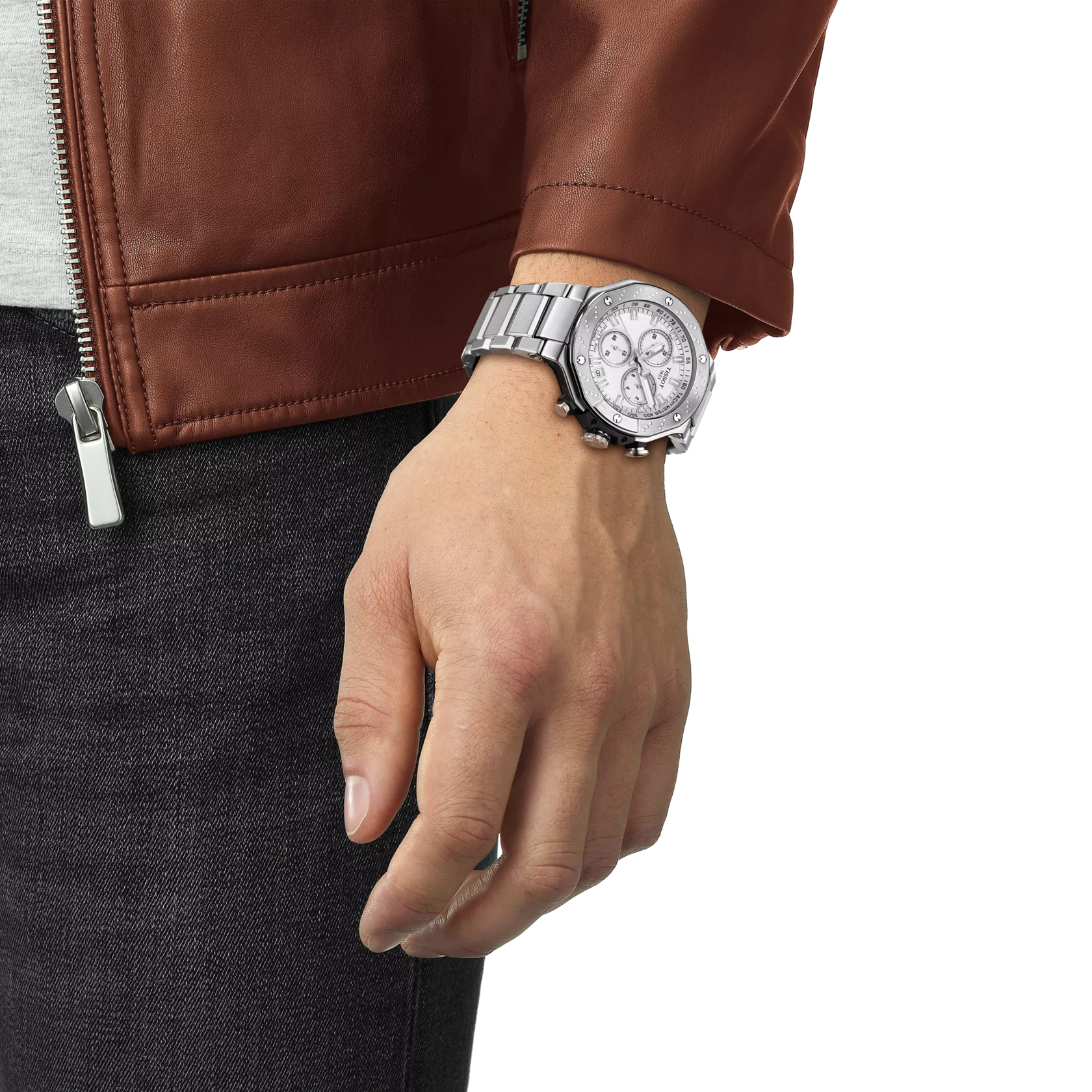 RELOJ TISSOT T-RACE, CUARZO, ESFERA BLANCA, BRAZALETE DE ACERO, CRONCÓGRAFO, 45 MM