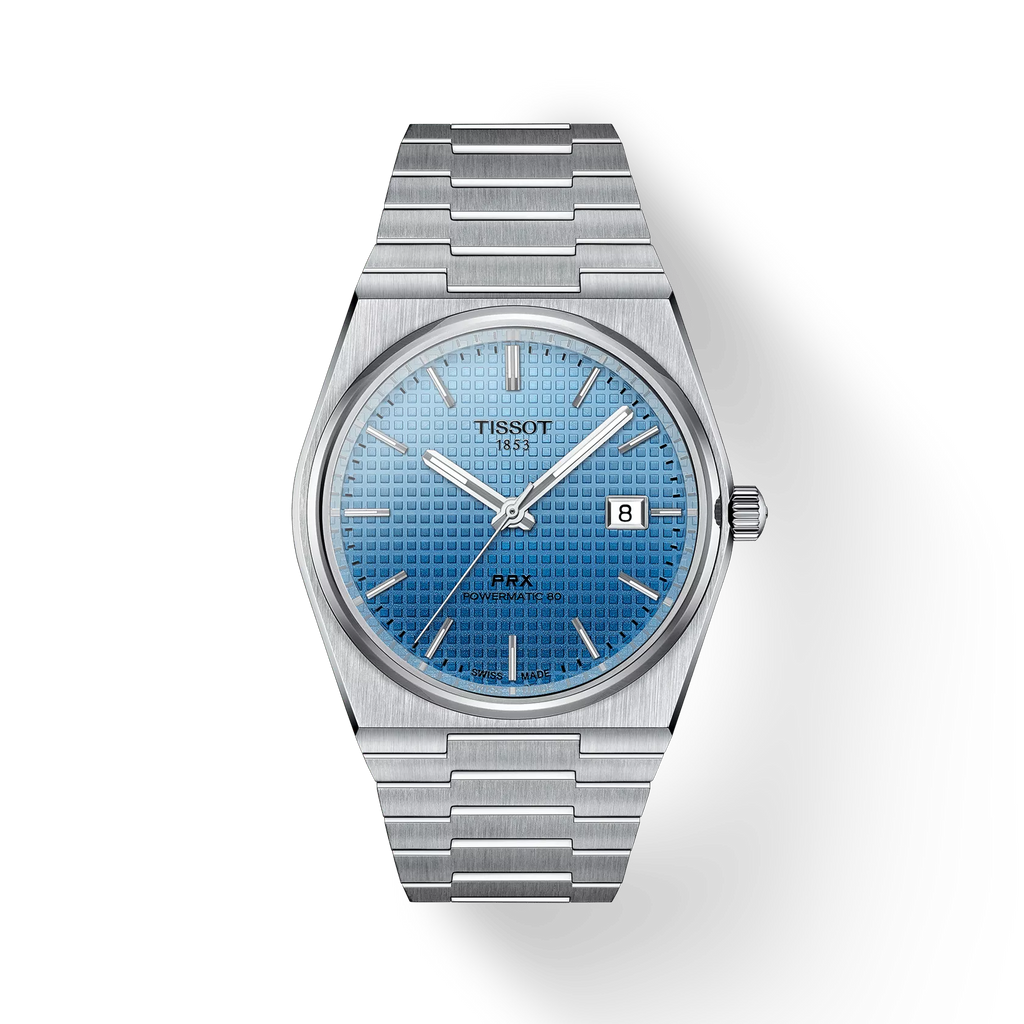 RELOJ TISSOT PRX, AUTOMCÁTICO, ESFERA AZUL CIELO CAMALECÓNICO, BRAZALETE DE ACERO, FECHA, 40 MM