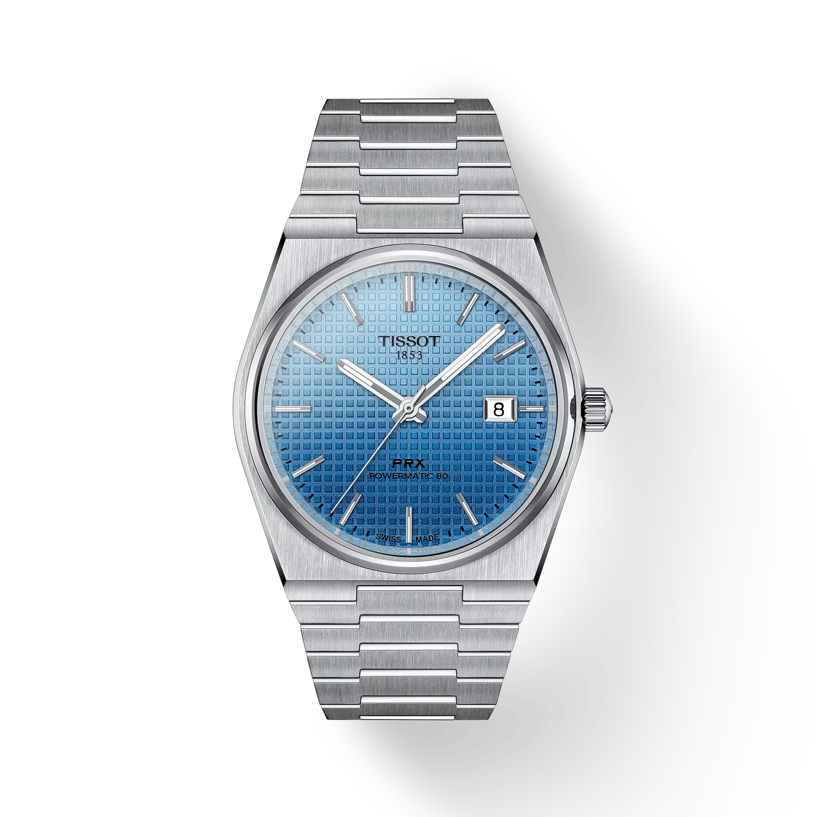 RELOJ TISSOT PRX, AUTOMCÁTICO, ESFERA AZUL CIELO CAMALECÓNICO, BRAZALETE DE ACERO, FECHA, 40 MM