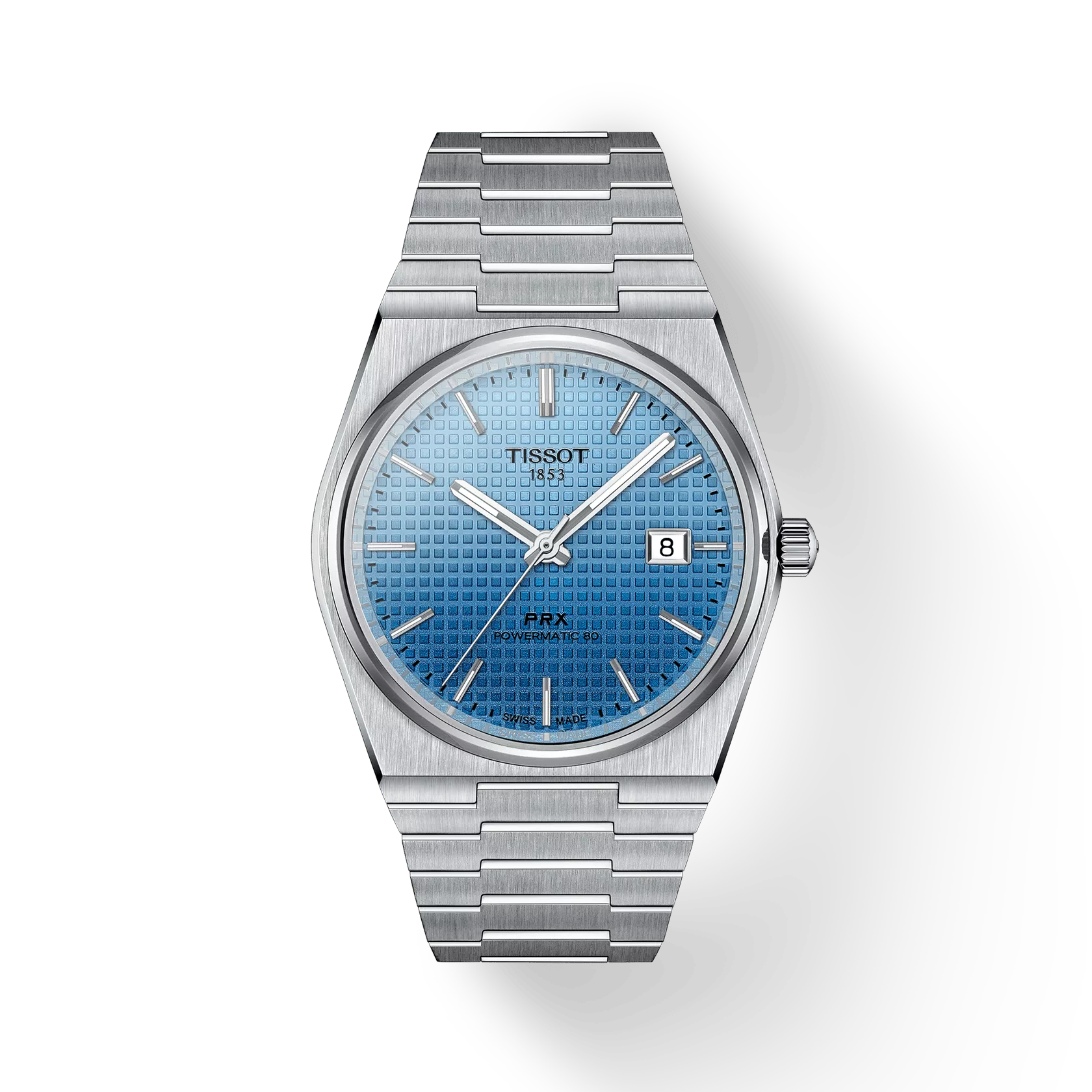 RELOJ TISSOT PRX, AUTOMCÁTICO, ESFERA AZUL CIELO CAMALECÓNICO, BRAZALETE DE ACERO, FECHA, 40 MM