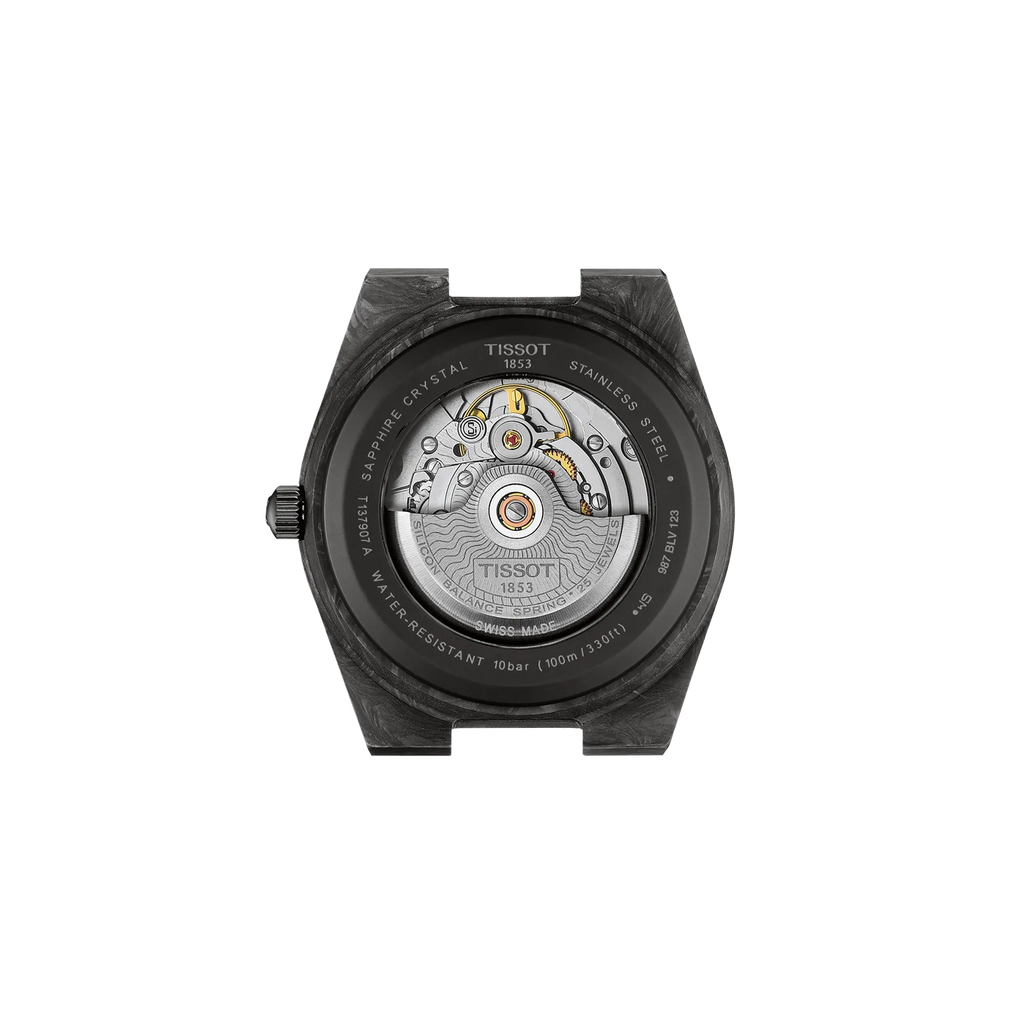 RELOJ TISSOT PRX, AUTOMCÁTICO, ESFERA NEGRA CARBCÓN, FAJA DE CAUCHO NEGRA, CARBCÓN, 40 MM