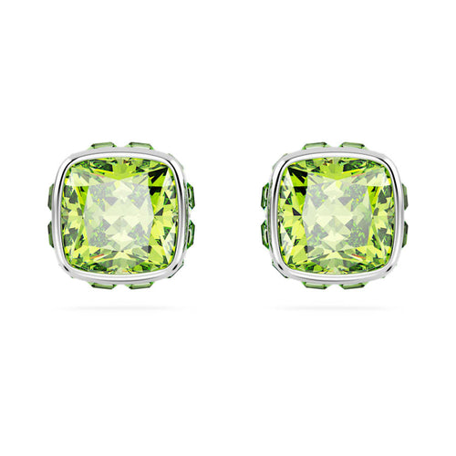 ARETES SWAROVSKI BIRTHSTONE TALLA CUADRADA, AGOSTO, VERDE, BAÑO DE RODIO