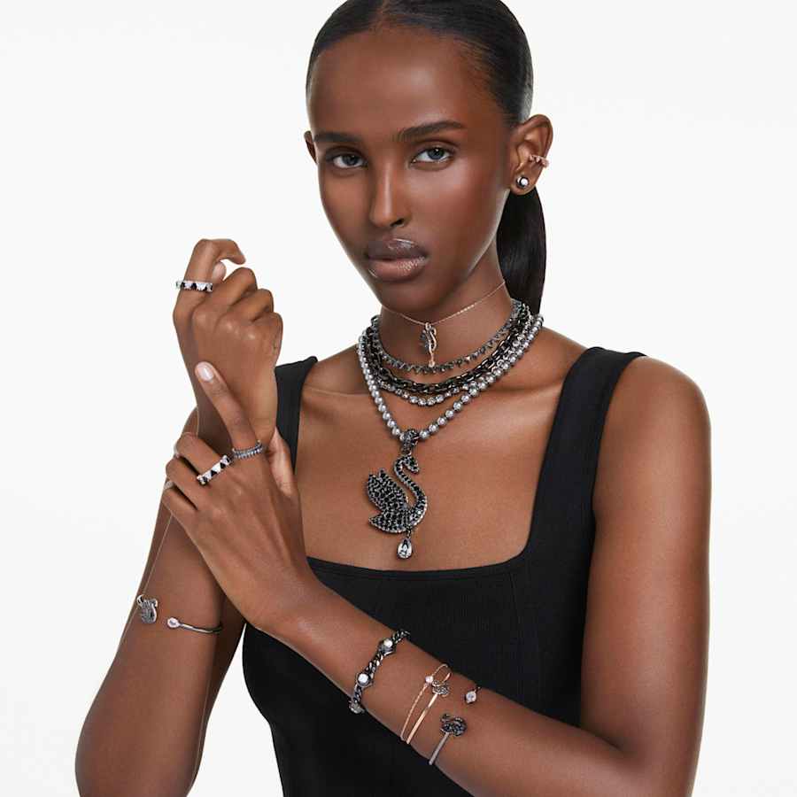 PULSERA SWAROVSKI SWAN CISNE, NEGRO, BAÑO DE RUTENIO, TALLA M