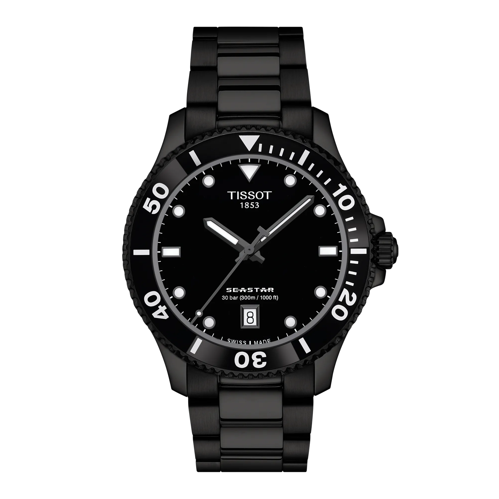 RELOJ TISSOT SEASTAR 1000, CUARZO, ESFERA NEGRA, BRAZALETE DE ACERO PVD, FECHA, 40 MM