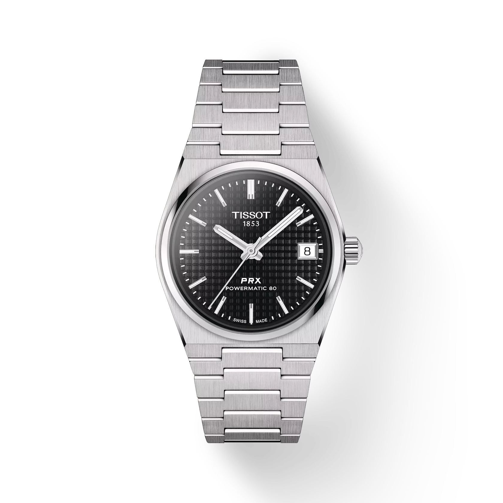 RELOJ TISSOT PRX, AUTOMCÁTICO, ESFERA NEGRA, BRAZALETE DE ACERO, FECHA, 35 MM