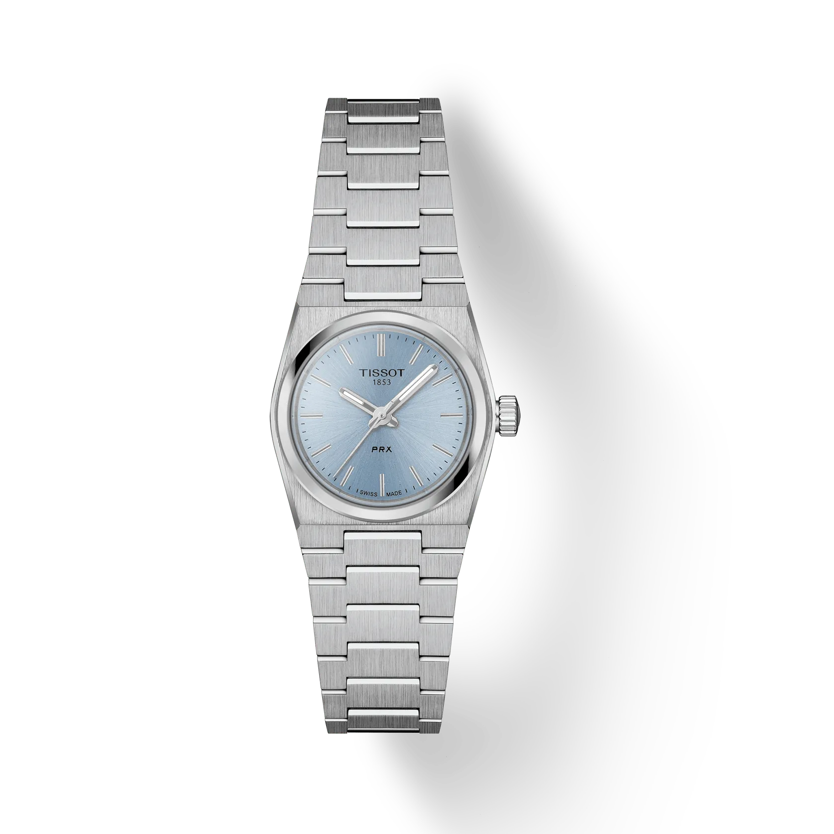 RELOJ TISSOT PRX, CUARZO, ESFERA CELESTE, BRAZALETE DE ACERO, 25 MM