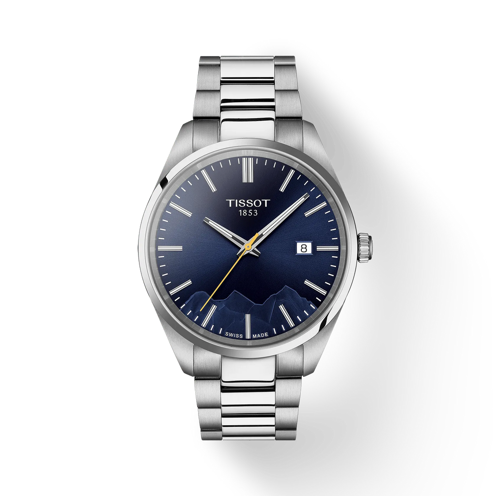 RELOJ TISSOT PR 100 JUNGFRAUBAHN, CUARZO, ESFERA AZUL, BRAZALETE DE ACERO, FECHA, 40 MM