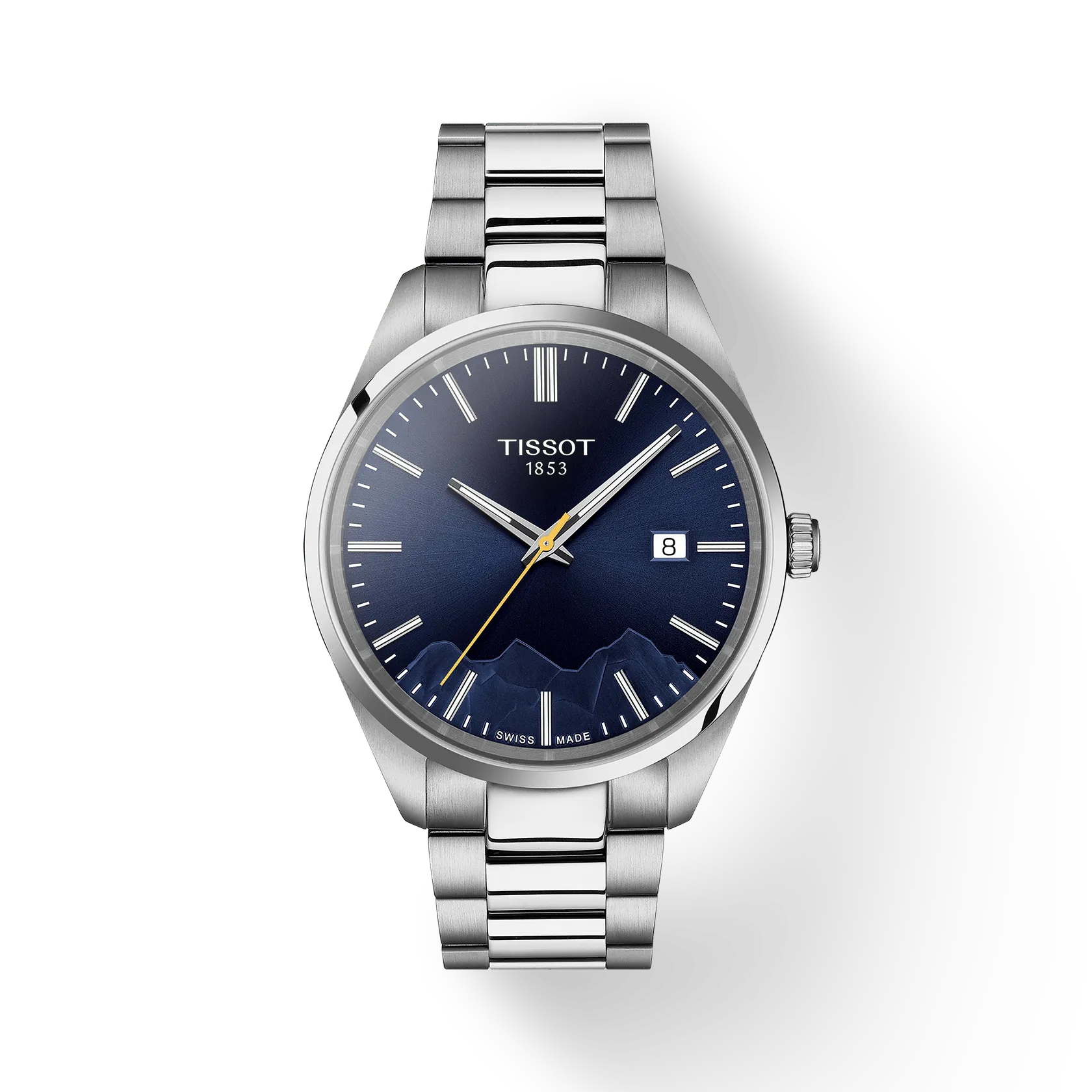 RELOJ TISSOT PR 100 JUNGFRAUBAHN, CUARZO, ESFERA AZUL, BRAZALETE DE ACERO, FECHA, 40 MM