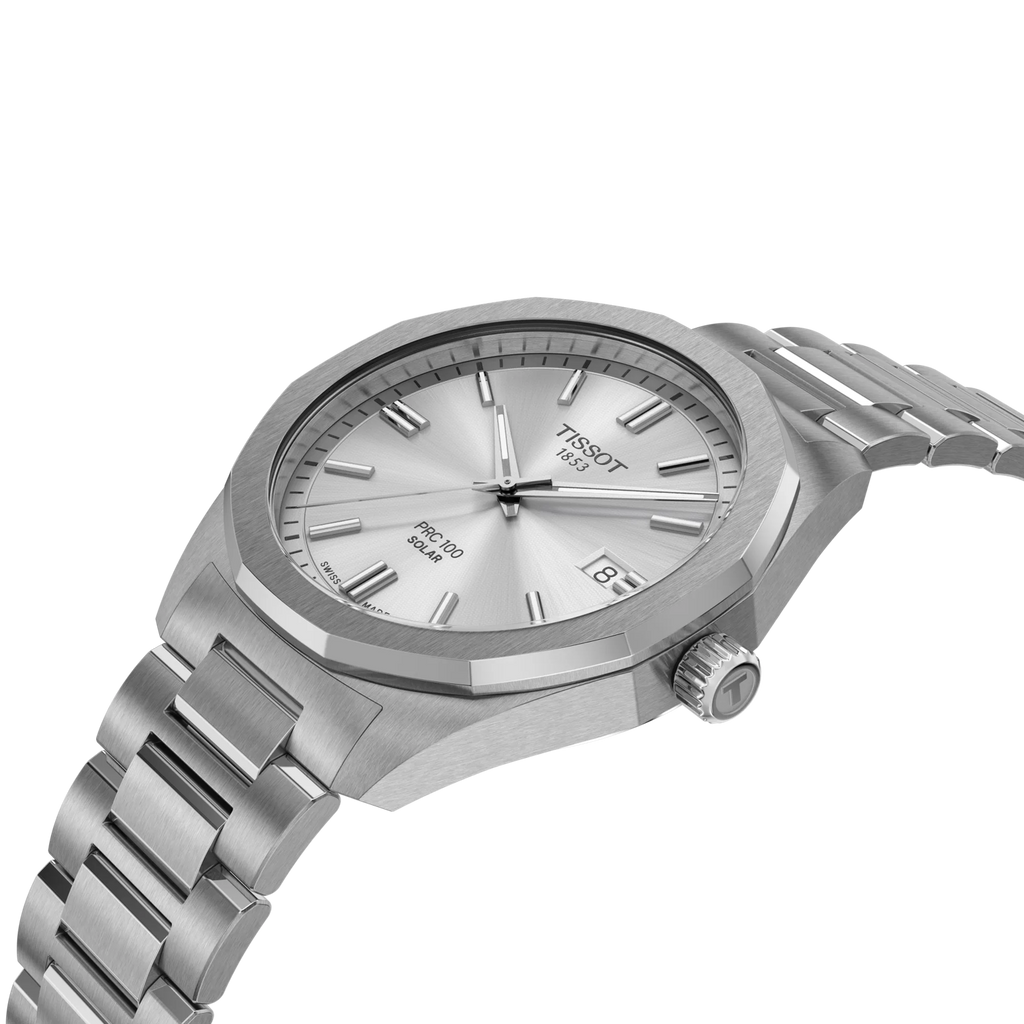 RELOJ TISSOT PR100 SOLAR, ESFERA GRIS, BRAZALETE DE ACERO, FECHA, 39 MM